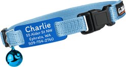 GoTags Personalized Engraved Nameplate Breakaway Cat Collar, Sky Blue/Navy Blue, 8 to 12-in neck, 1/2-in wide