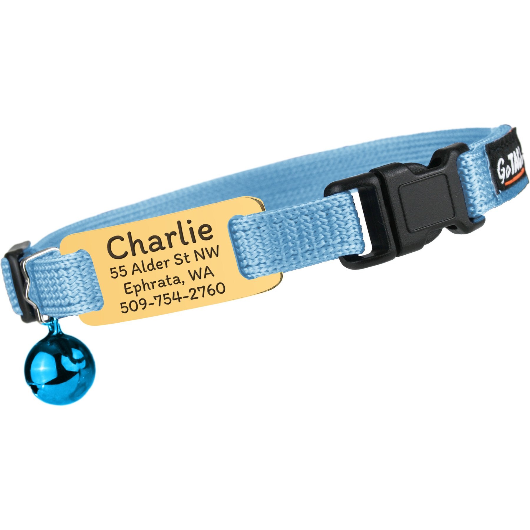 GoTags Personalized Engraved Nameplate Breakaway Cat Collar, Sky Blue/Honey Gold, 8 to 12-in neck, 1/2-in wide