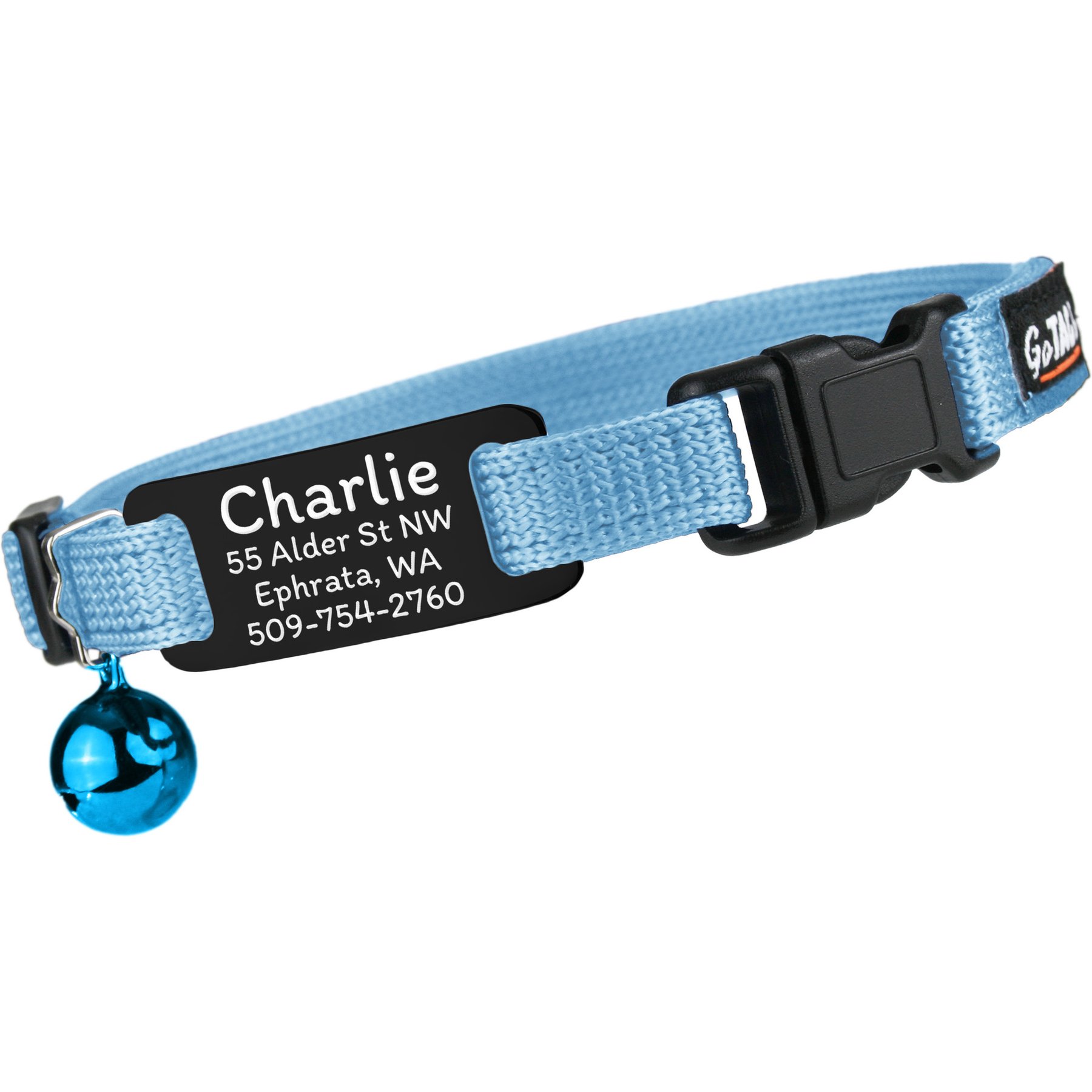 GoTags Personalized Engraved Nameplate Breakaway Cat Collar, Sky Blue/Midnight Black, 8 to 12-in neck, 1/2-in wide
