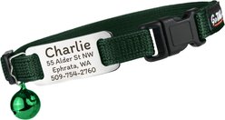 GoTags Personalized Engraved Nameplate Breakaway Cat Collar, Forest Green/Platinum Silver, 8 to 12-in neck, 1/2-in wide slide 1 of 7