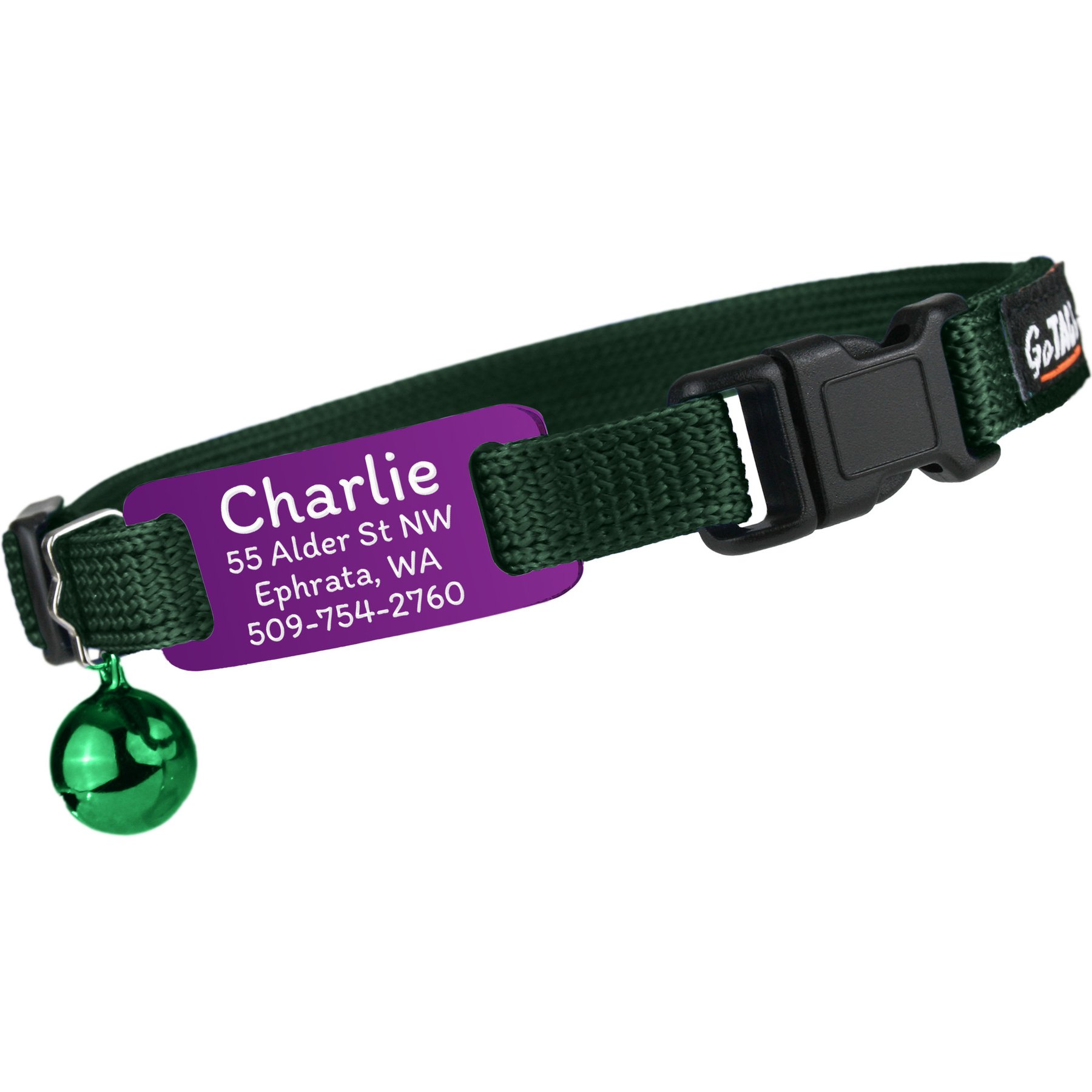 GoTags Personalized Engraved Nameplate Breakaway Cat Collar, Forest Green/Lavender, 8 to 12-in neck, 1/2-in wide