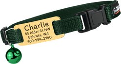 GoTags Personalized Engraved Nameplate Breakaway Cat Collar, Forest Green/Honey Gold, 8 to 12-in neck, 1/2-in wide slide 1 of 7