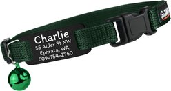 GoTags Personalized Engraved Nameplate Breakaway Cat Collar, Forest Green/Midnight Black, 8 to 12-in neck, 1/2-in wide