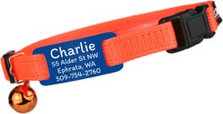 GoTags Personalized Engraved Nameplate Breakaway Cat Collar, Neon Orange/Navy Blue, 8 to 12-in neck, 1/2-in wide