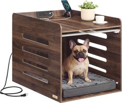 FEANDREA Flip-Up Acrylic Door Furniture Style Dog Crate with Charging Station, Natural Walnut, 23.8 inch