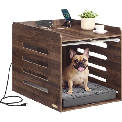 FEANDREA FEANDREA Furniture Style Flip-Up Door Acrylic Dog Crate with Charging Station, Natural Walnut, 23.8 inch