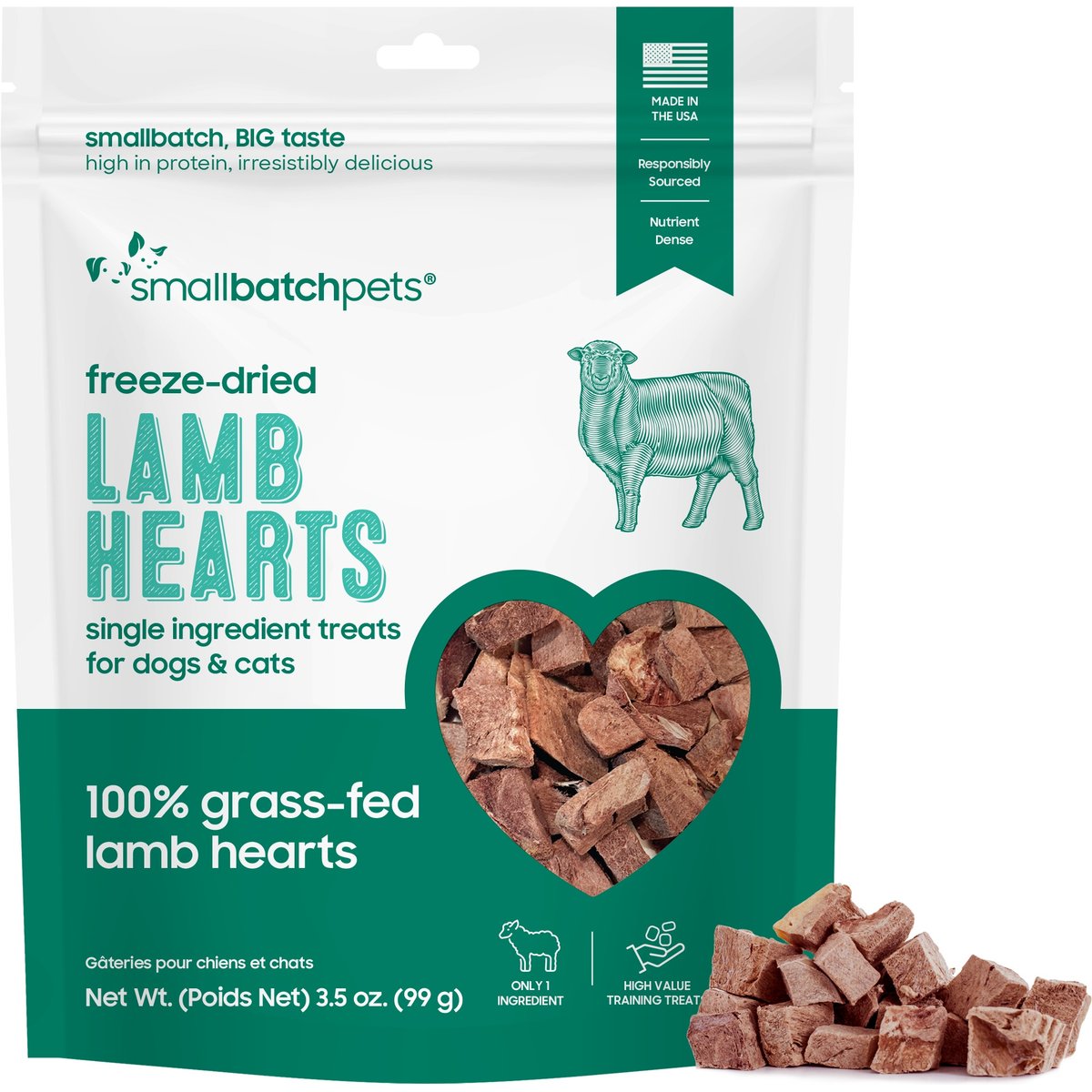Smallbatch Pets Lamb Hearts Grain-Free Adult Freeze-Dried Raw Dog & Cat Treats, 3.5-oz bag