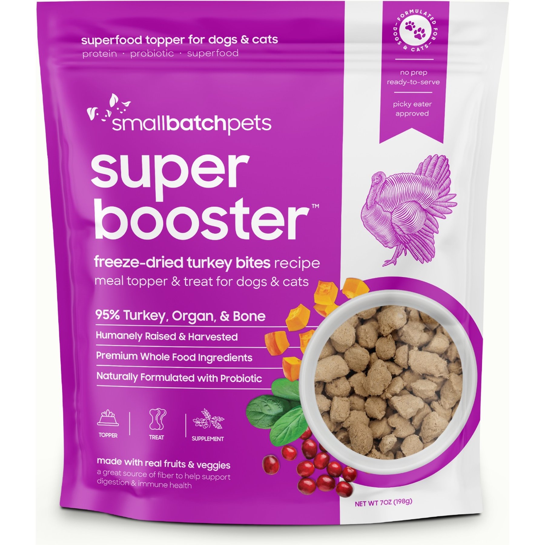 Smallbatch Pets Super Booster Turkey Bites Grain-Free Adult Freeze-Dried Dog & Cat Treats, 7-oz bag