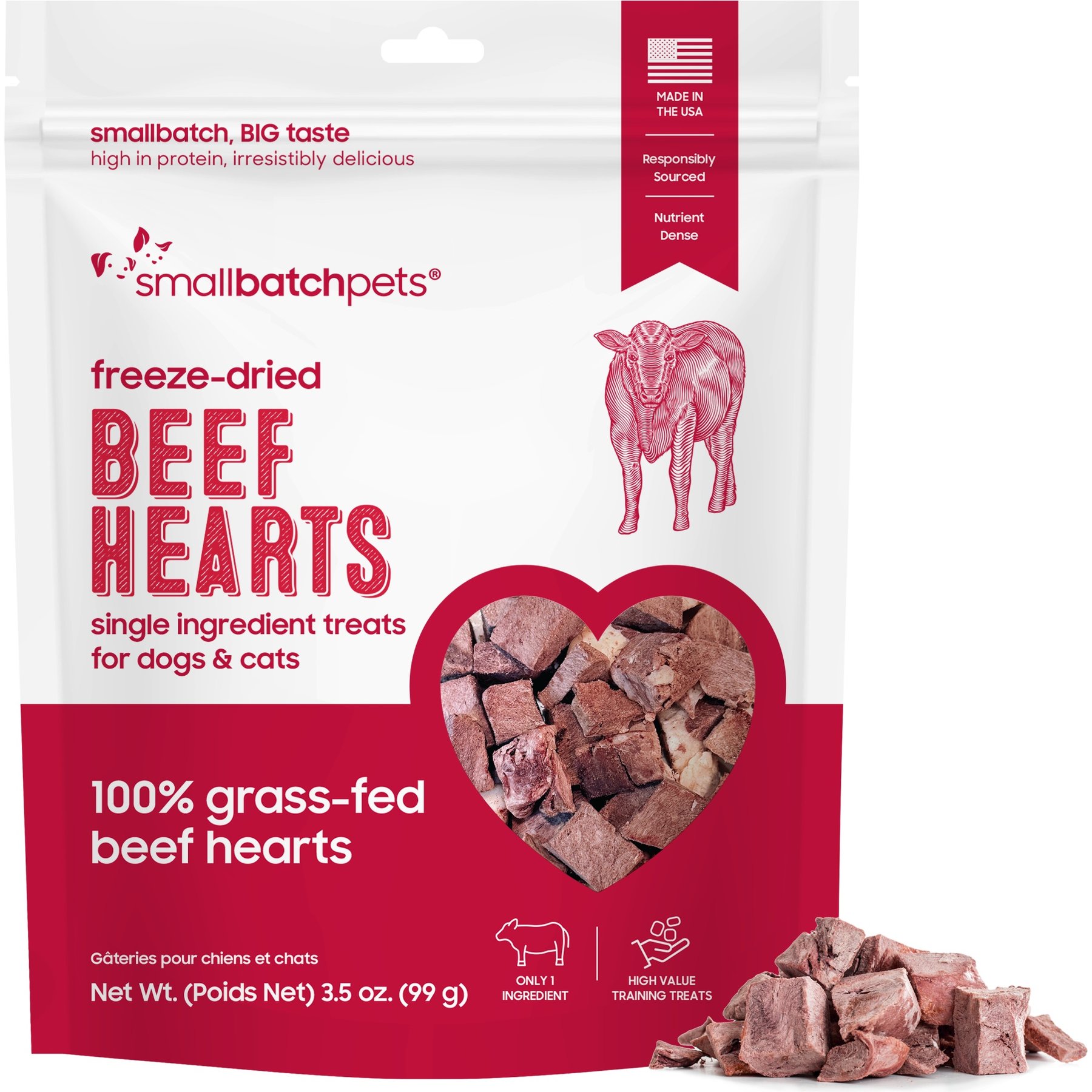Smallbatch Pets Beef Hearts Grain-Free Adult Freeze-Dried Raw Dog & Cat Treats, 3.5-oz bag