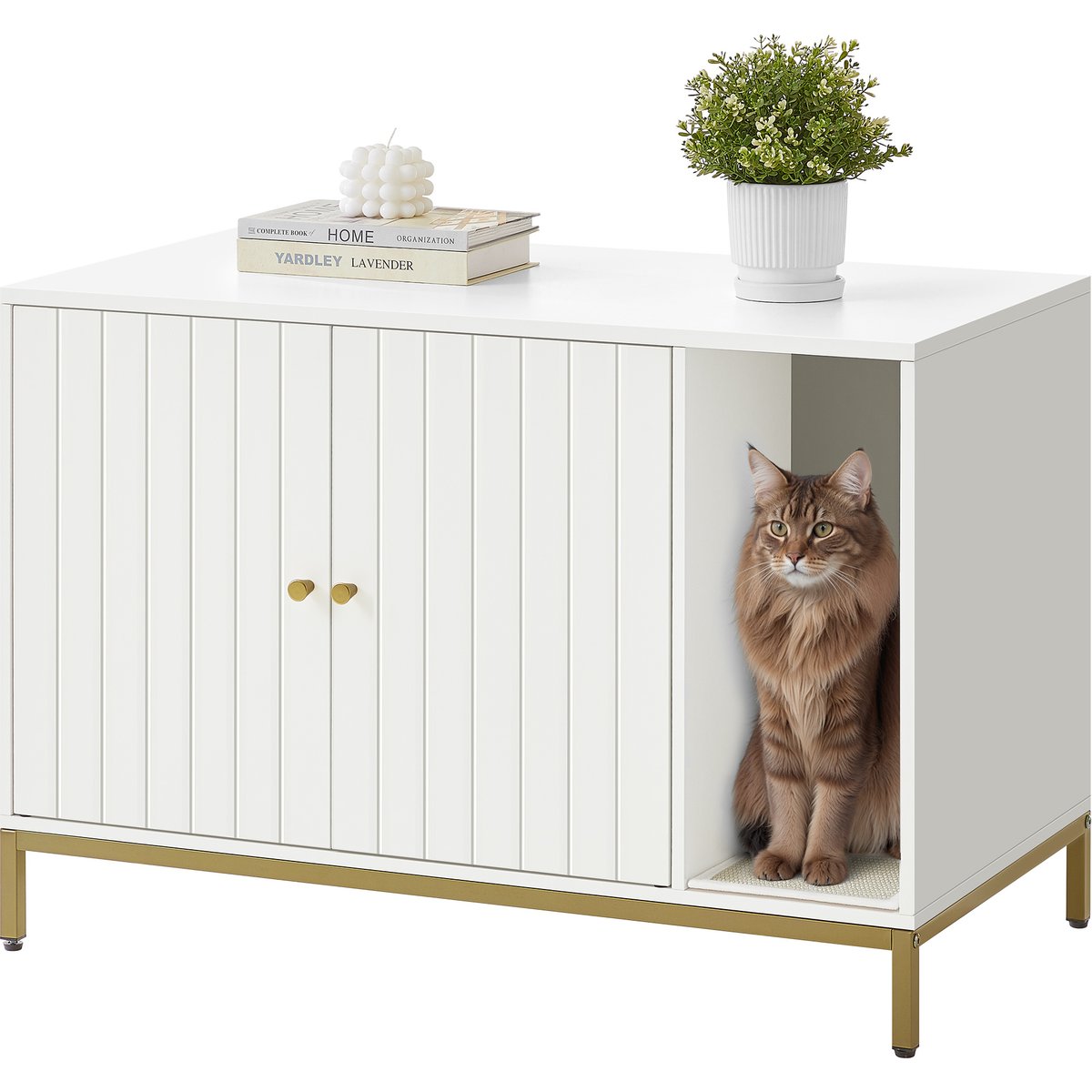 FEANDREA Concealed Cabinet Cat Litter Box Enclosure, White & Gold, 35.4 x 18.9 x 24.2-in