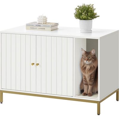 FEANDREA FEANDREA Concealed Cabinet Cat Litter Box Enclosure, White & Gold, 35.4 x 18.9 x 24.2-in
