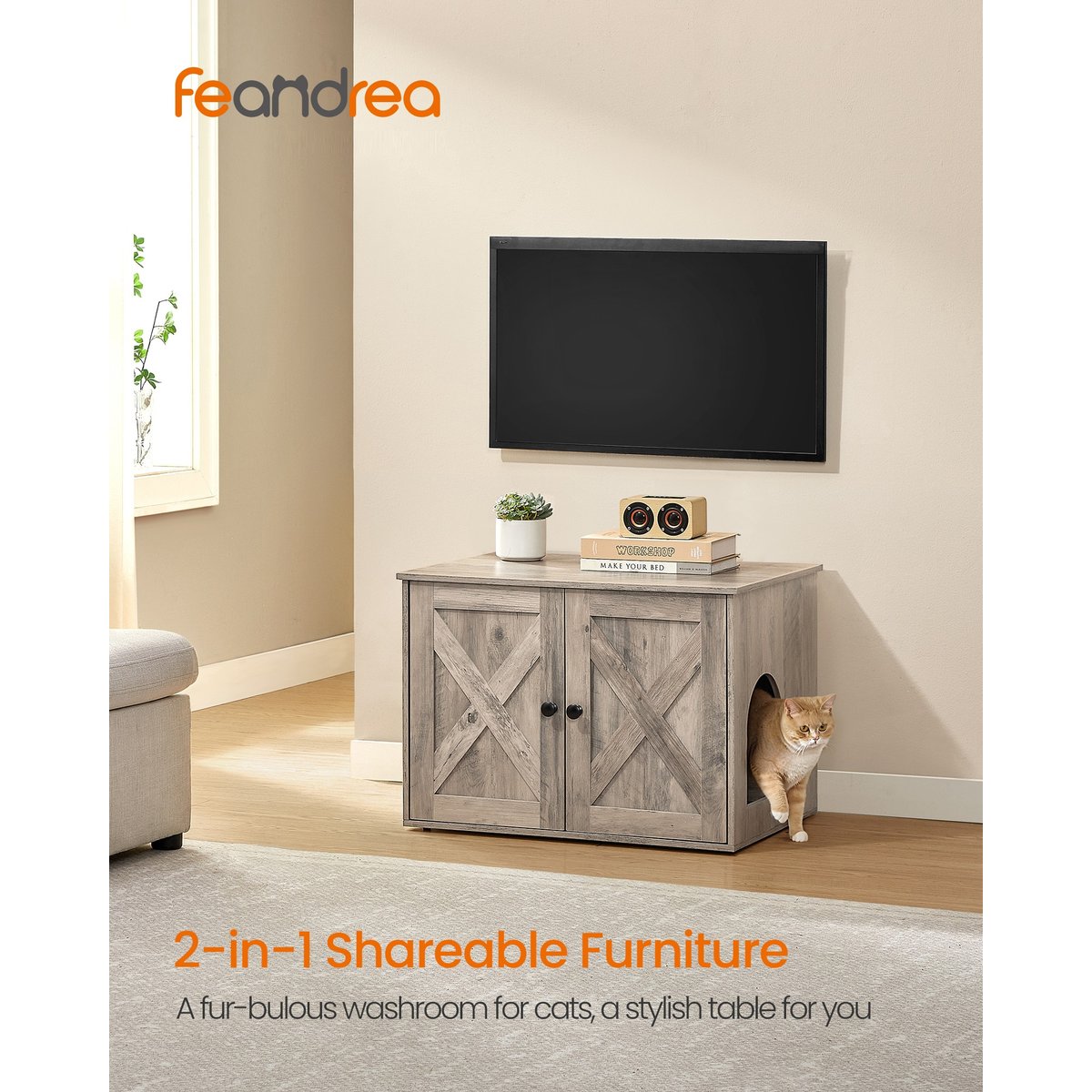 FEANDREA Furniture Style Barn Door End Table Cat Litter Box Enclosure, Greige, 27.6-in