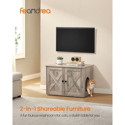 FEANDREA FEANDREA Furniture Style Barn Door End Table Cat Litter Box Enclosure, Greige, 27.6-in