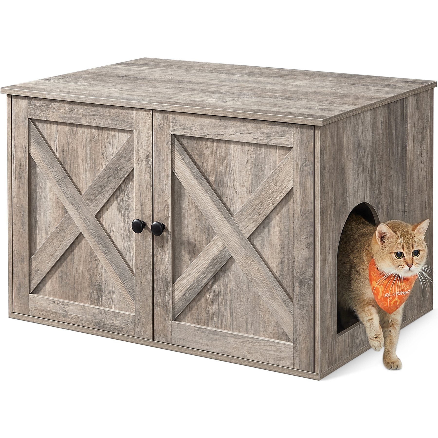 FEANDREA Furniture Style Barn Door End Table Cat Litter Box Enclosure, Greige, 27.6-in