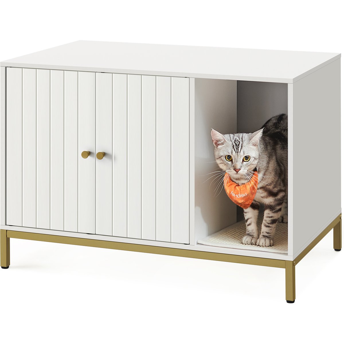 FEANDREA Concealed Cabinet Cat Litter Box Enclosure, White & Gold, 31.5 x 19.7 x 21.7-in