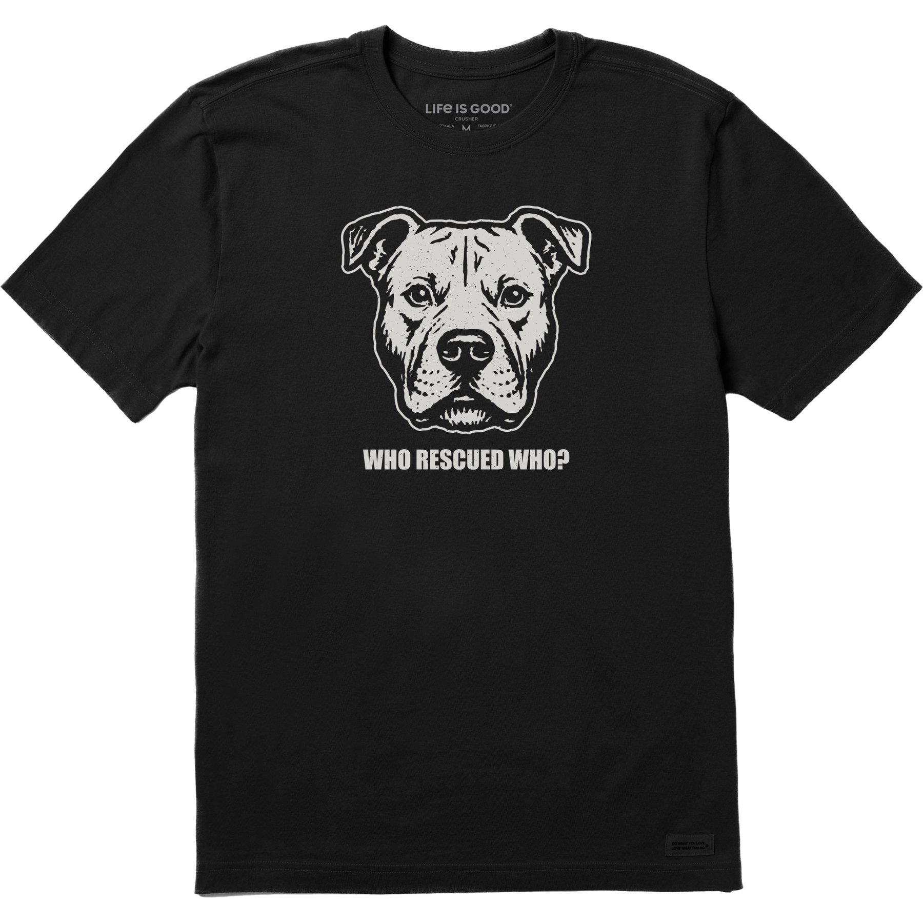 LIFE IS GOOD Men's Bert's Who Rescued Who Pit Short Sleeve Crusher Tee, Faded Black, Small