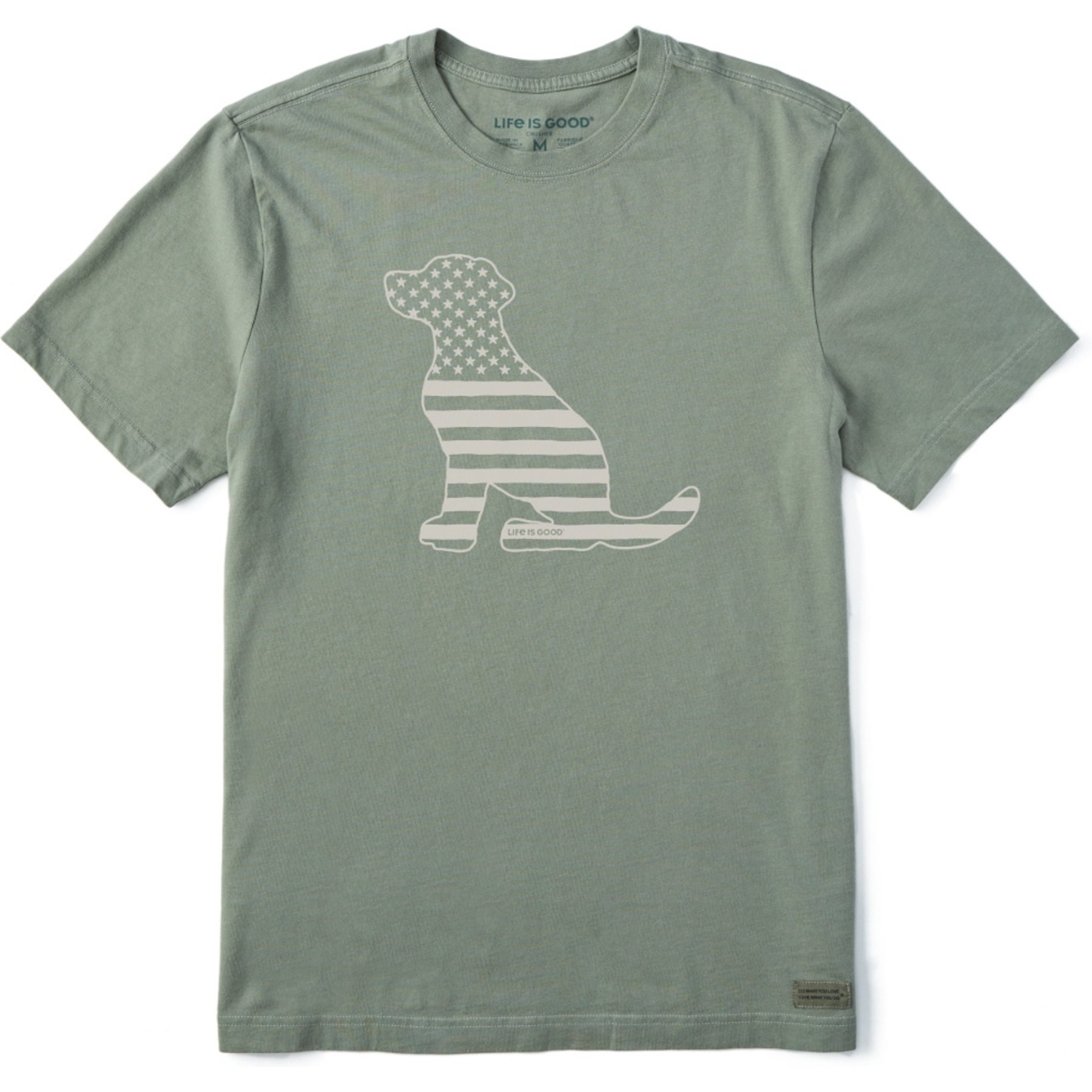 LIFE IS GOOD Men's American Flag Dog Short Sleeve Crusher-Lite, Moss Green, Large