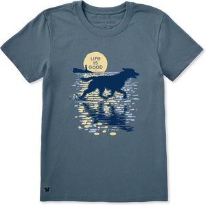 LIFE IS GOOD Women's Moonlit Running Dog Silhouette Short Sleeve Crusher Tee, Slate Blue, X-Small