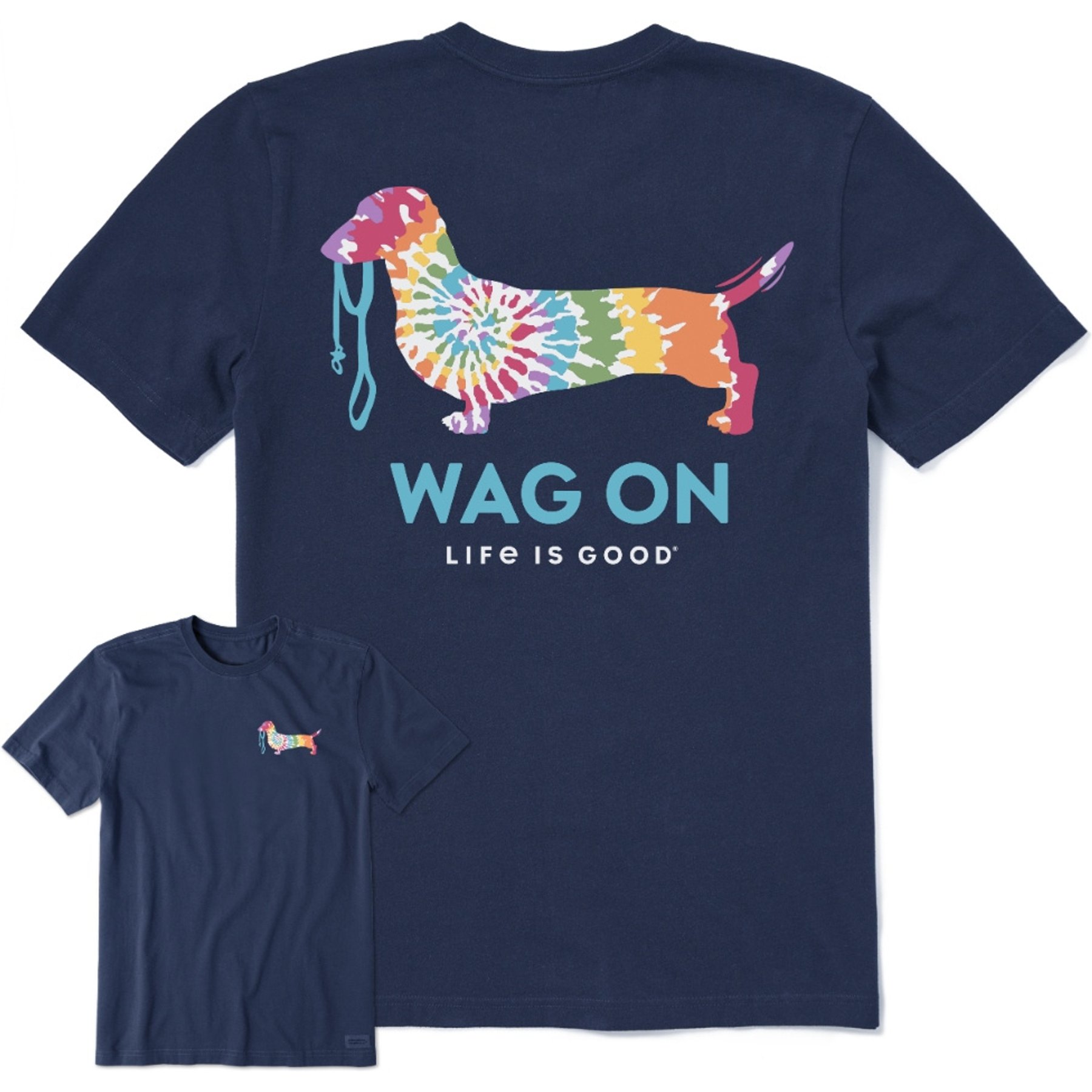 LIFE IS GOOD Men's Wag On Tie Dye Dachshund Short Sleeve Crusher Tee, Darkest Blue, Medium