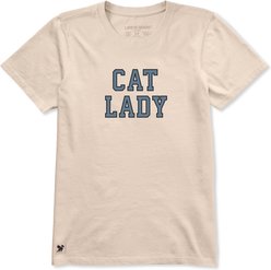 LIFE IS GOOD Women's Cat Lady Caps Stacked Short Sleeve Crusher Tee, Birch White, X-Small
