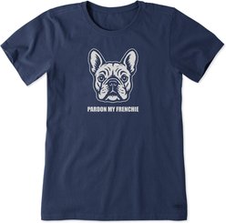 LIFE IS GOOD Women's Bert's Pardon My Frenchie Short Sleeve Crusher Tee, Darkest Blue, Large