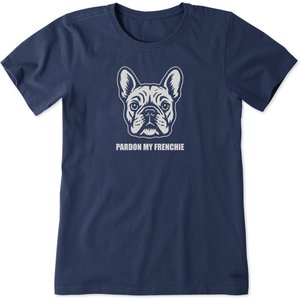 LIFE IS GOOD Women's Bert's Pardon My Frenchie Short Sleeve Crusher Tee, Darkest Blue, X-Small