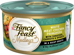 Fancy Feast Medleys White Meat Chicken Primavera Canned Cat Food, 3-oz can, case of 4