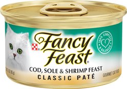 Fancy Feast Classic Pate Cod, Sole & Shrimp Feast Canned Cat Food, 3-oz can, case of 4