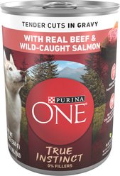 Purina ONE SmartBlend True Instinct Tender Cuts in Gravy with Real Beef & Wild-Caught Salmon Canned Dog Food, 13-oz can, case of 4