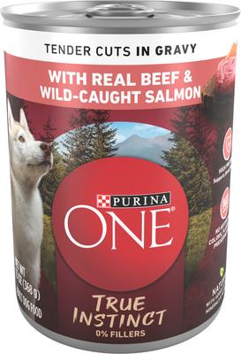 Purina ONE SmartBlend True Instinct Tender Cuts in Gravy with Real Beef & Wild-Caught Salmon Canned Dog Food, 13-oz can, case of 12
