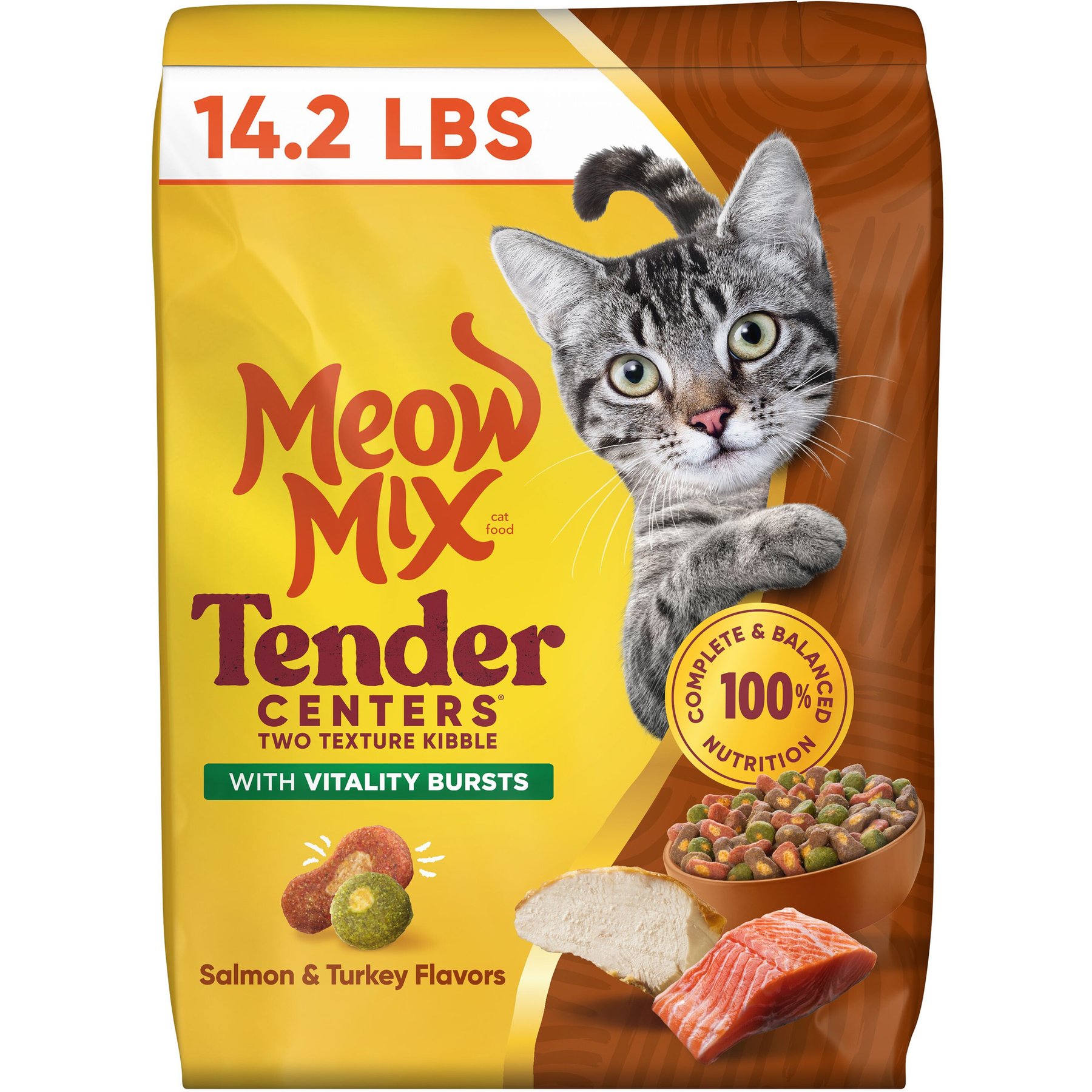 Meow Mix Tender Centers Vitality Bursts Salmon & Turkey Flavored Dry Cat Food, 14.2-lb bag