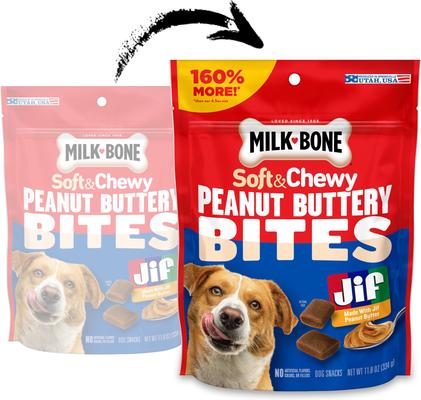 Show full view: Milk-Bone Peanut Buttery Bites with Jif Peanut Butter Soft & Chewy Dog Treats, 11.8-oz bag slide 3 of 10