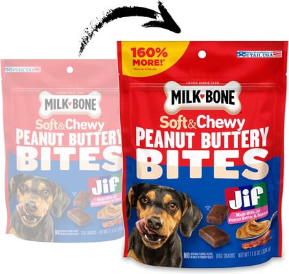 Show full view: Milk-Bone Peanut Buttery Bites with Real Peanut Butter & Bacon Soft & Chewy Dog Treats, 11.8-oz bag slide 3 of 10