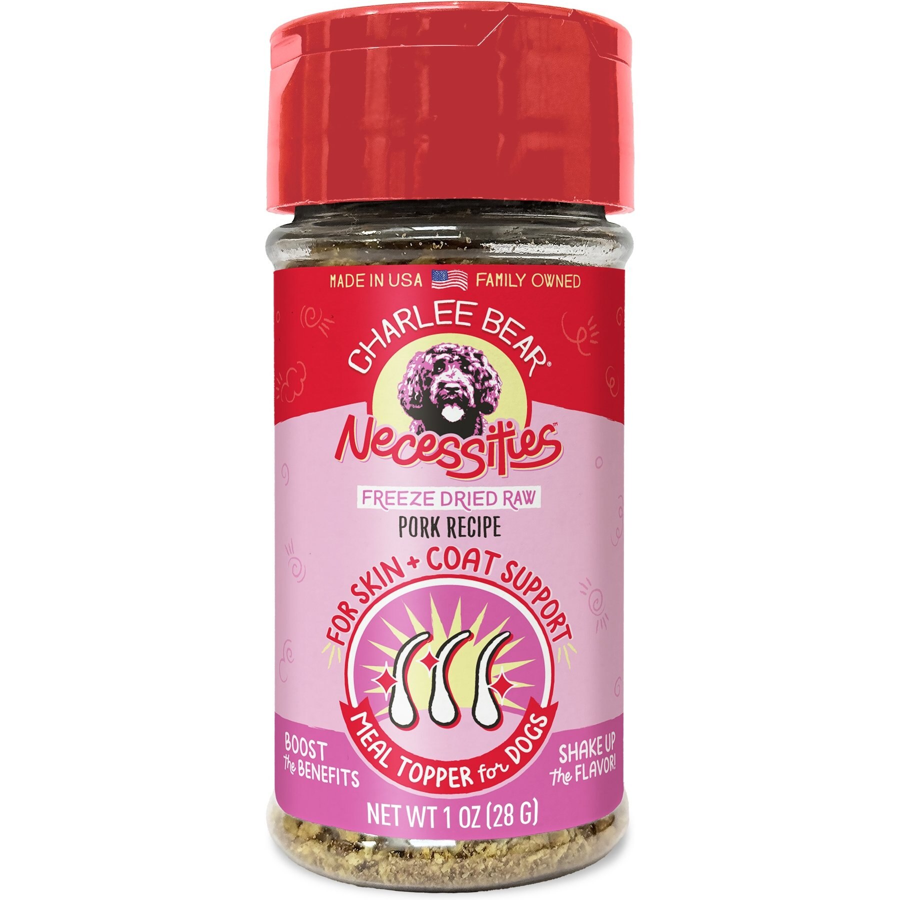 Charlee Bear Necessities Freeze-Dried Pork Recipe Skin & Coat Support Grain-Free Dog Food Topper, 1-oz jar
