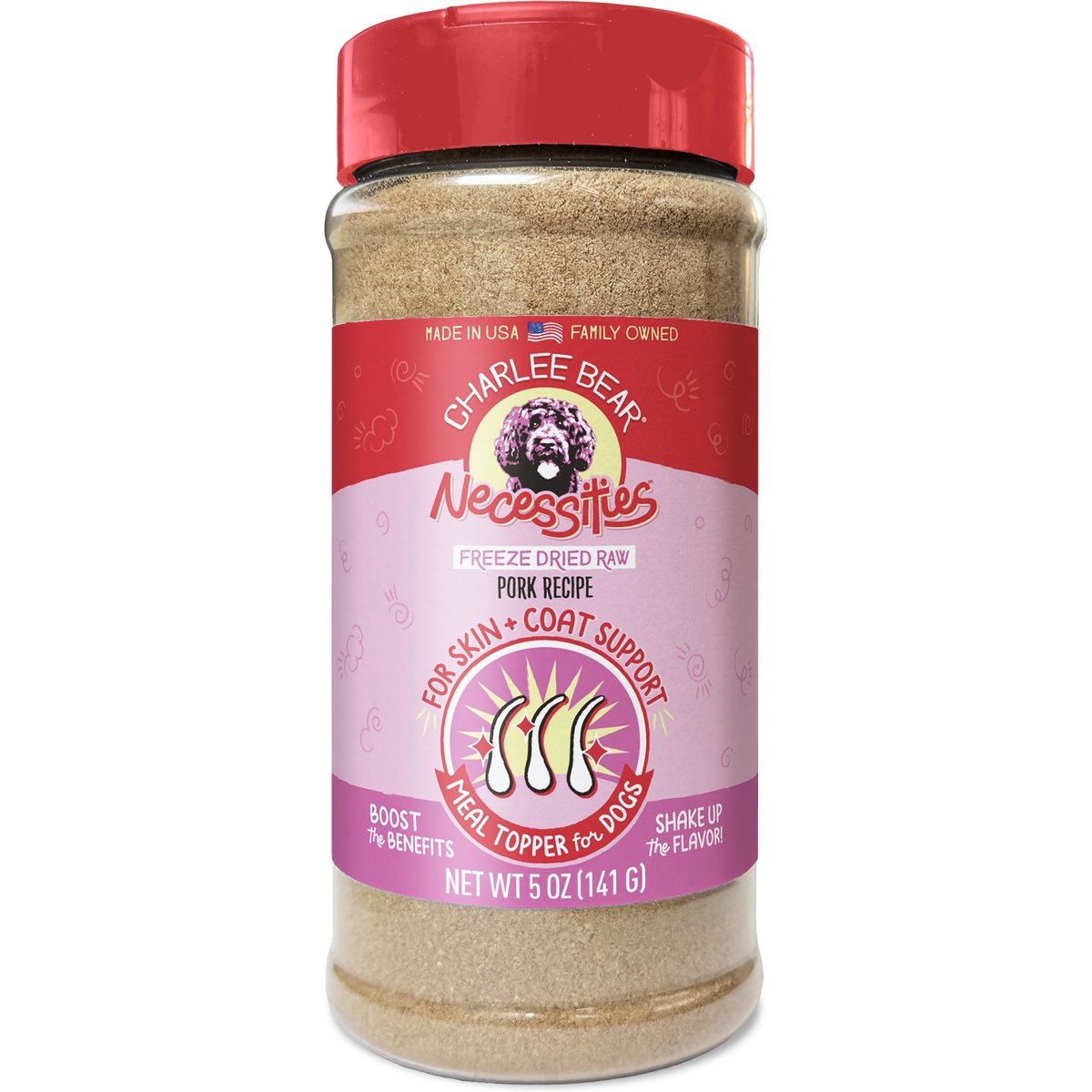 Charlee Bear Necessities Freeze-Dried Pork Recipe Skin & Coat Support Grain-Free Dog Food Topper, 5-oz jar
