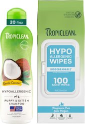 TropiClean Hypo-Allergenic Gentle Coconut Puppy & Kitten Shampoo, 20-oz bottle + Deodorizing Dogs Wipes, 100 count