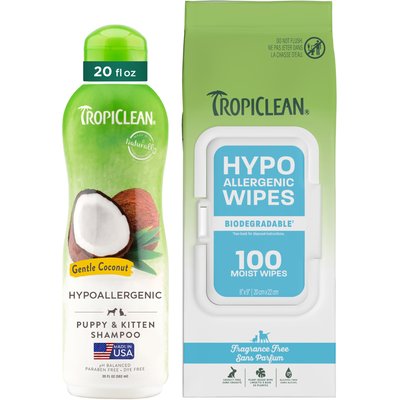 TropiClean TropiClean Hypo-Allergenic Gentle Coconut Puppy & Kitten Shampoo, 20-oz bottle + Deodorizing Dogs Wipes, 100 count