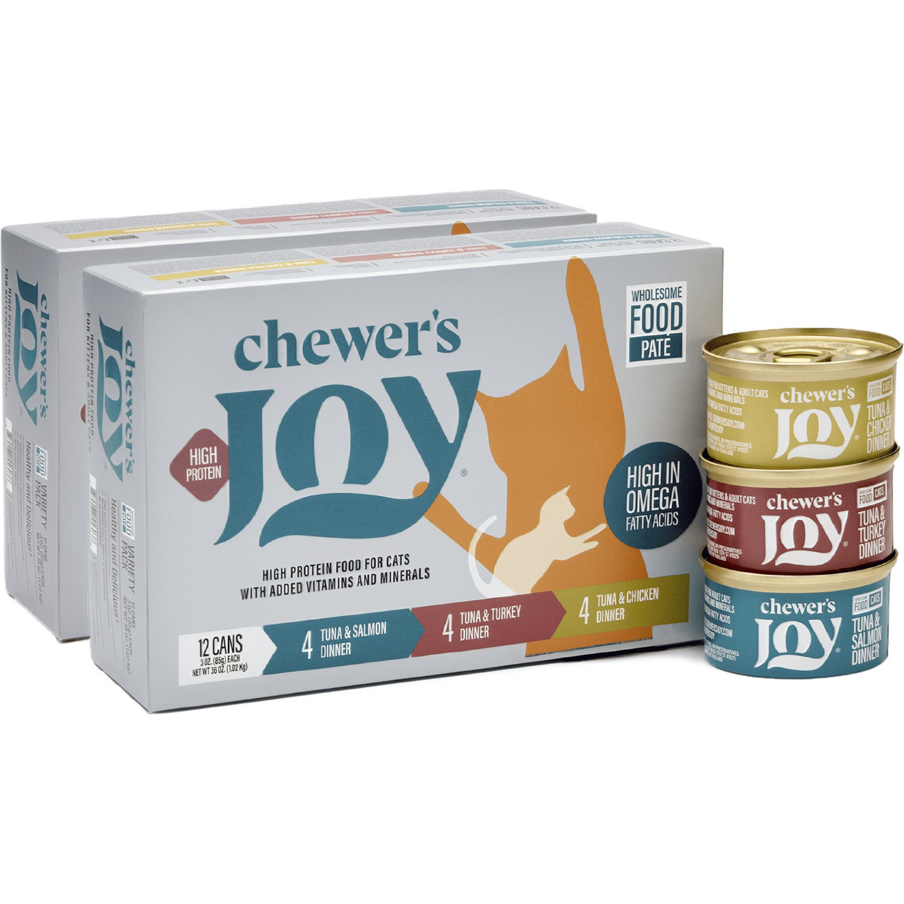 Chewer's Joy Tuna & Chicken, Tuna & Salmon, Tuna & Turkey Variety Pack Dinner Pate Canned Wet Cat Food, 3-oz can, 24 count