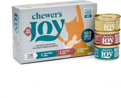Chewer's Joy Tuna & Chicken, Tuna & Salmon, Tuna & Turkey Variety Pack Dinner Pate Canned Wet Cat Food, 3-oz can, 12 count slide 1 of 9