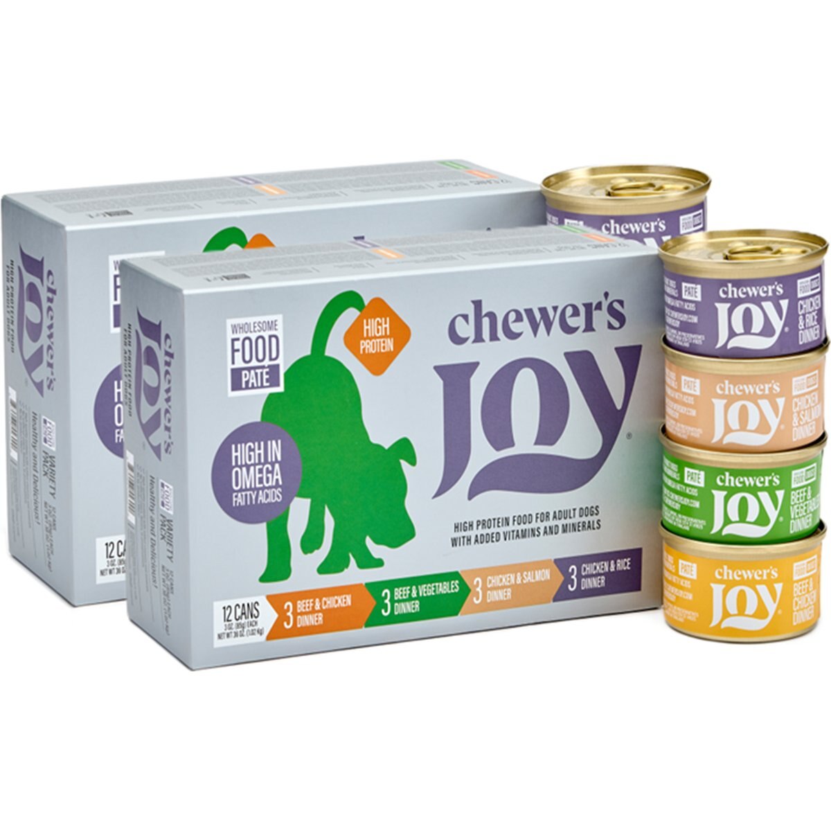 Chewer's Joy Variety Pack Dinner High Protein Beef & Chicken, Chicken & Salmon, Beef & Vegetables, Chicken & Rice Pate Canned Wet Dog Food, 3-oz can, 24 count