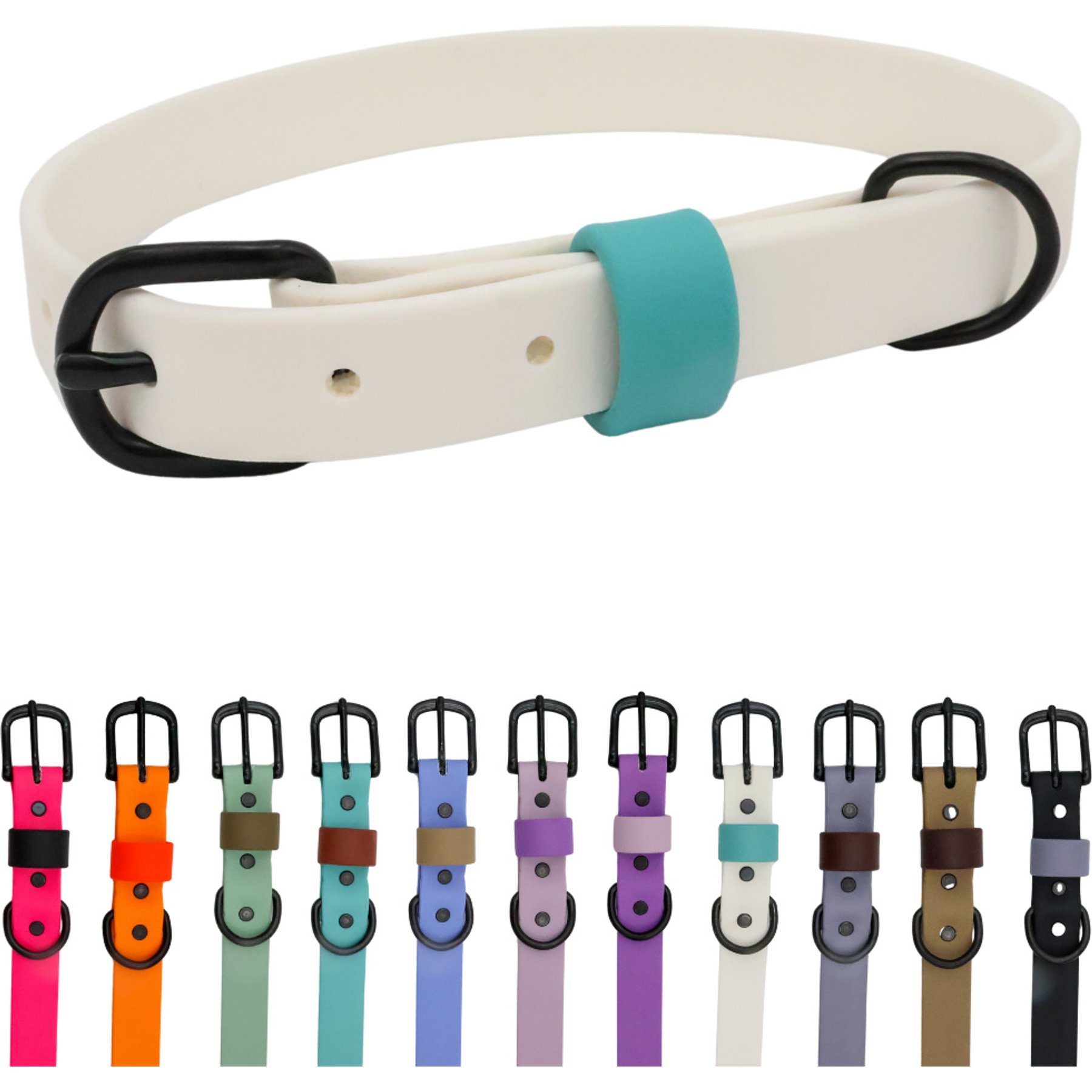 Tailr Waterproof & Odor-Resistant Adjustable Dog Collar, White/Dusty Turquoise Loop, Medium: 12 to 15-in neck, 5/8-in wide