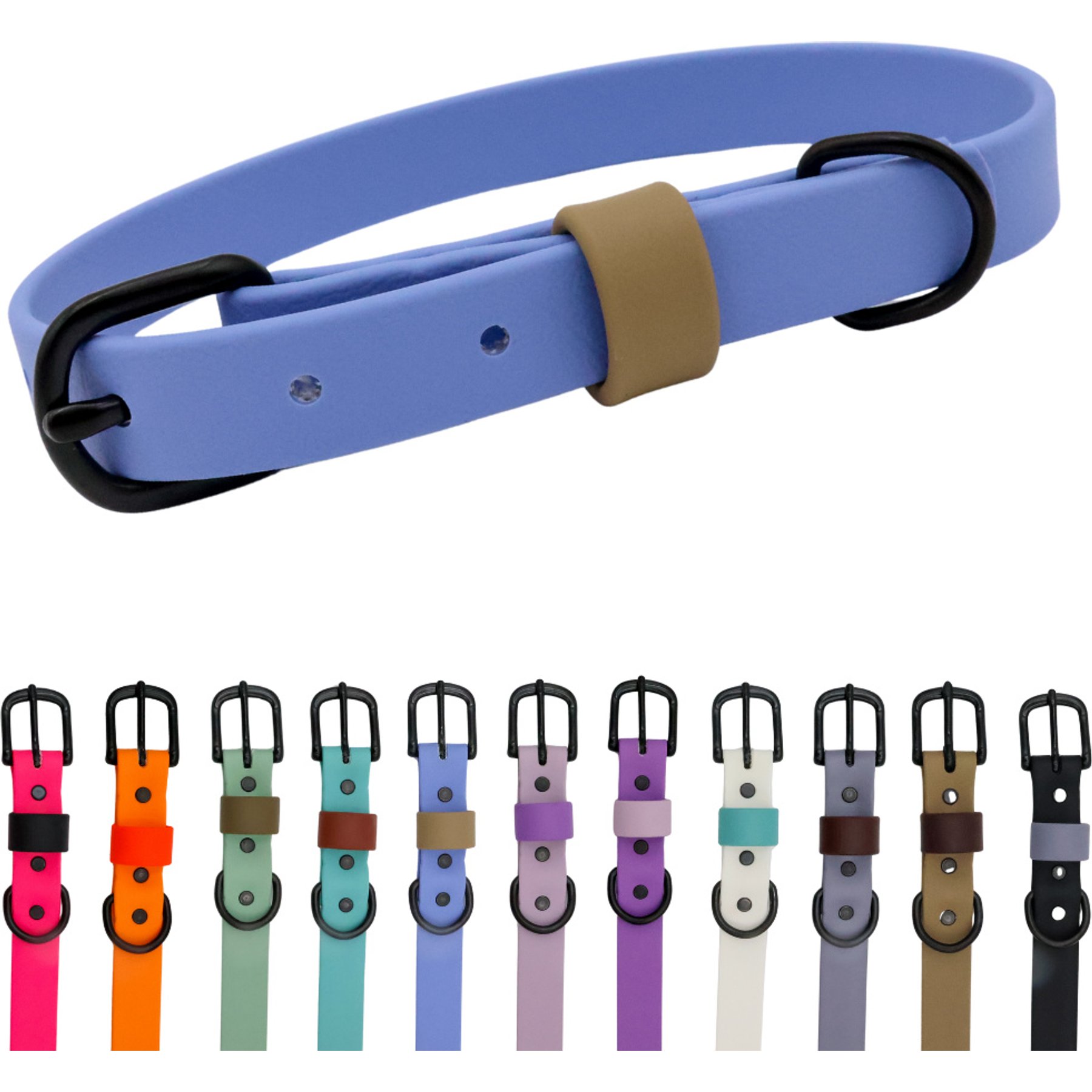 Tailr Waterproof & Odor-Resistant Adjustable Dog Collar, Periwinkle Blue/Army Sand Loop, Medium: 12 to 15-in neck, 5/8-in wide