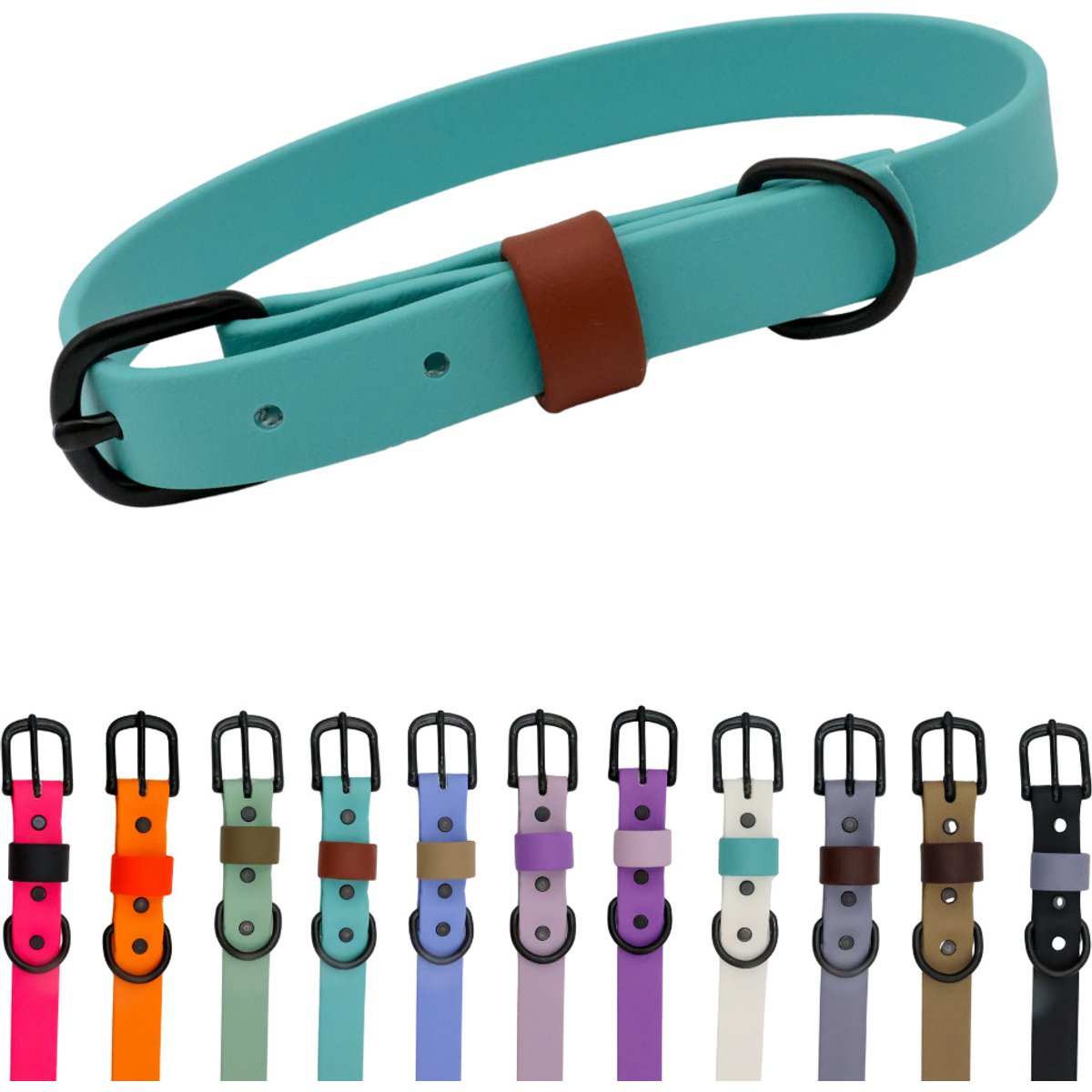 Tailr Waterproof & Odor-Resistant Adjustable Dog Collar, Dusty Turquoise/Leather Brown Loop, Medium: 12 to 15-in neck, 5/8-in wide