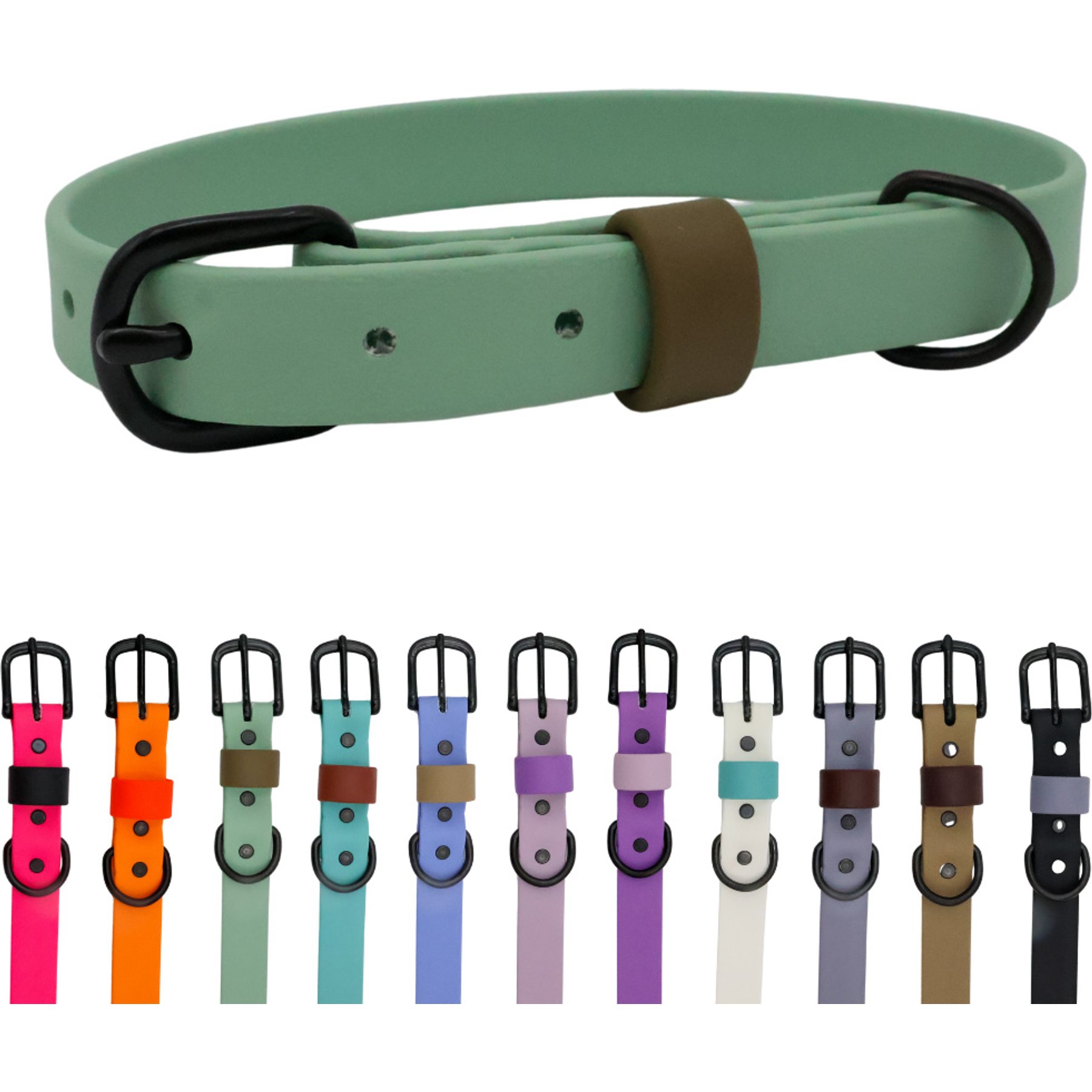 Tailr Waterproof & Odor-Resistant Adjustable Dog Collar, Sage Green/Olive Drab Loop, Medium: 12 to 15-in neck, 5/8-in wide