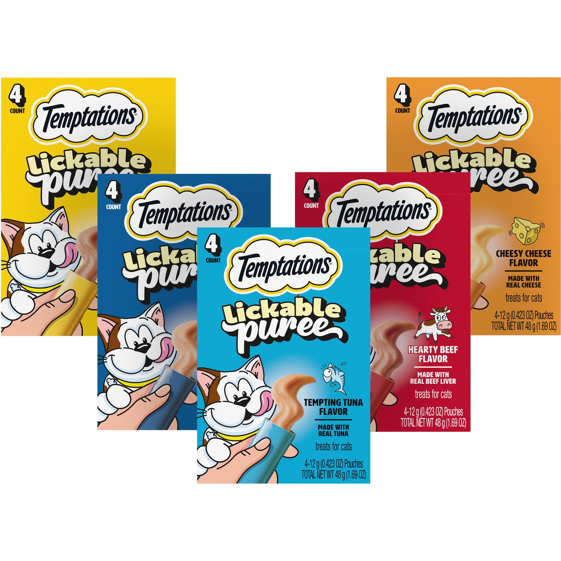 Variety Pack - Temptations Creamy Puree with Tuna Lickable Cat Treats, Salmon, Chicken, Cheese & Beef Favors