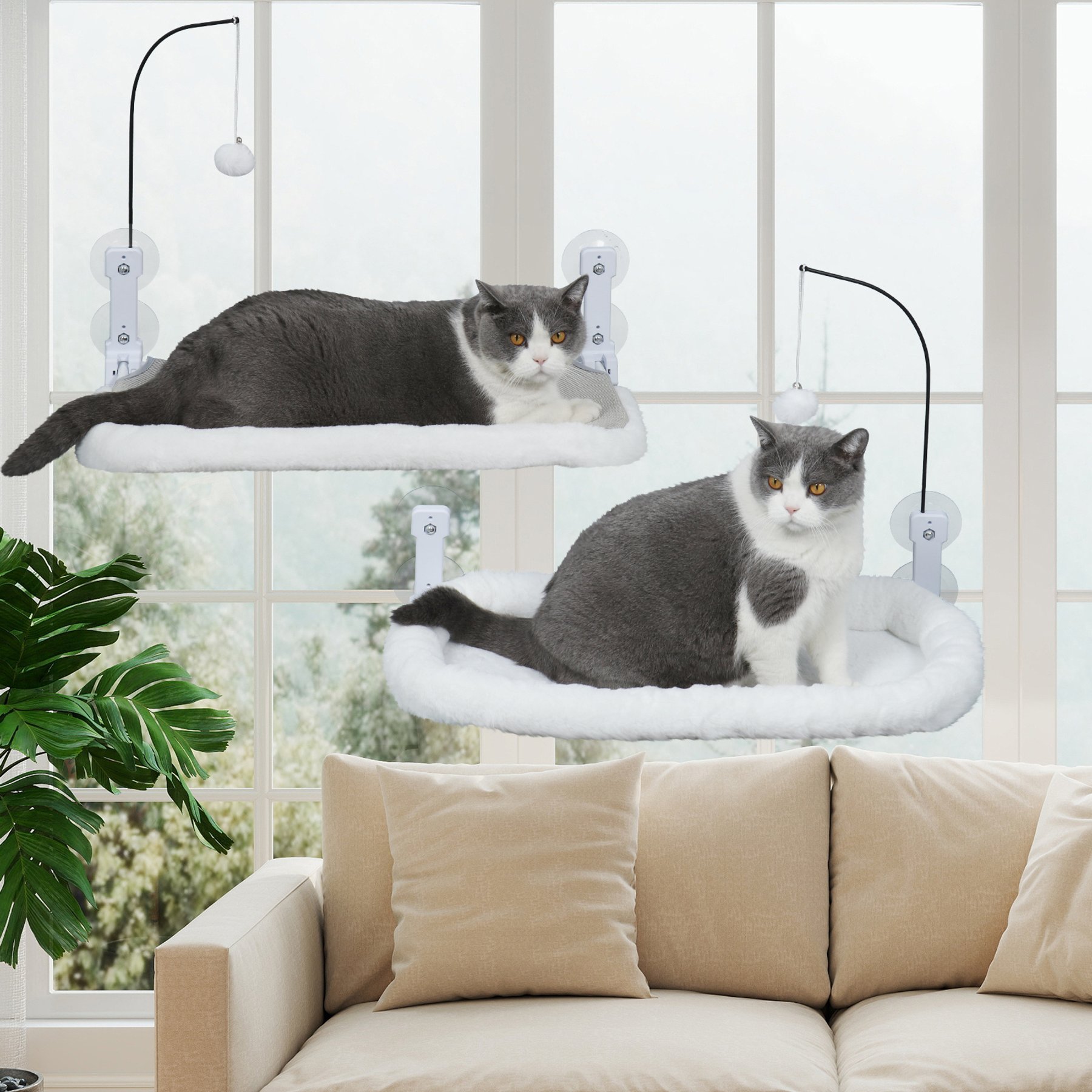 SMONTER Foldable Polyester Cat Window Perch with Hanging Toy, White