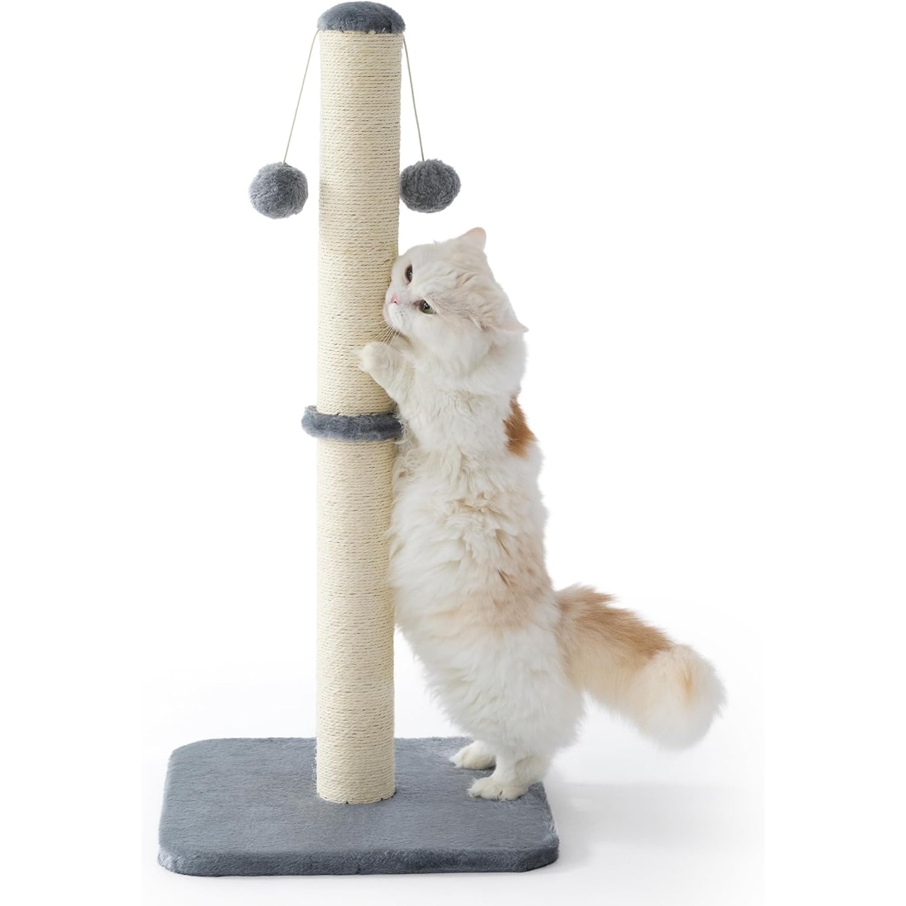Lesure Indoor Tall Sisal Cat Scratching Post with Hanging Toy Ball & Stable Base, Grey, Large: 16 x 16 x 34-in