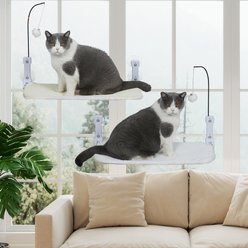 SMONTER Flat Polyester Cat Window Perch with Hanging Toy, White
