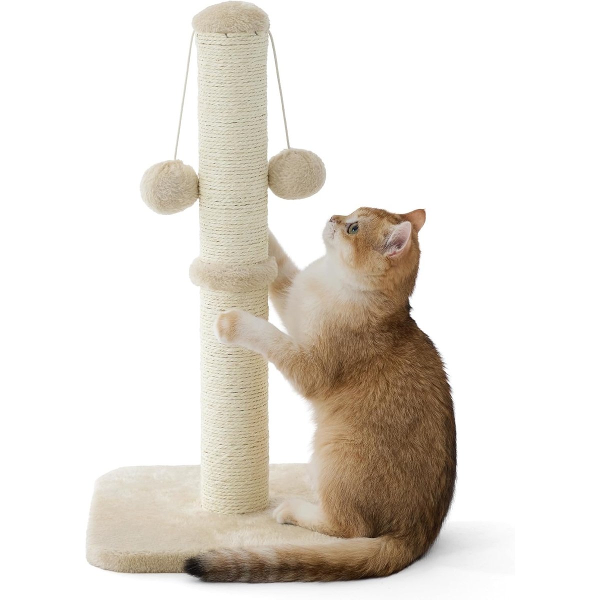 Lesure Indoor Tall Sisal Cat Scratching Post with Hanging Toy Ball & Stable Base, Beige, Small: 12 x 12 x 22-in