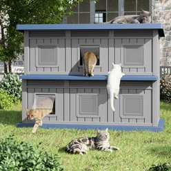 KAMABOKO 6-Story Cottage Weatherproof Wooden Outdoor Cat House with Door Flaps, Blue slide 2 of 8